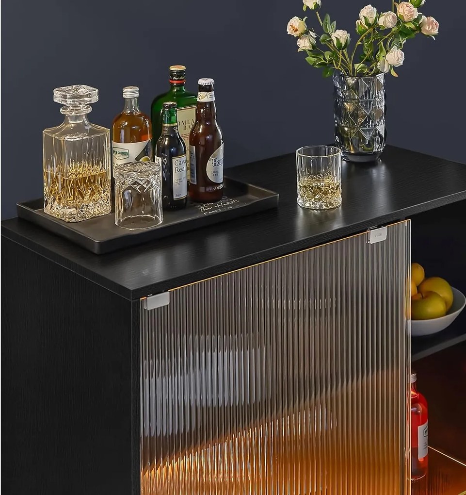 COMI34 - Comoda cu LED pentru Bar, usa Sticla, 88 cm pentru hol, living, dormitor, bucatarie, stil industrial - Negru - Maro