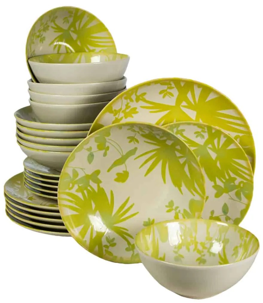 Set Complet Serviciu De Masa Hawaii 24 piese, pentru 6 persoane, Cesiro, Ivory cu frunze verde-galbui