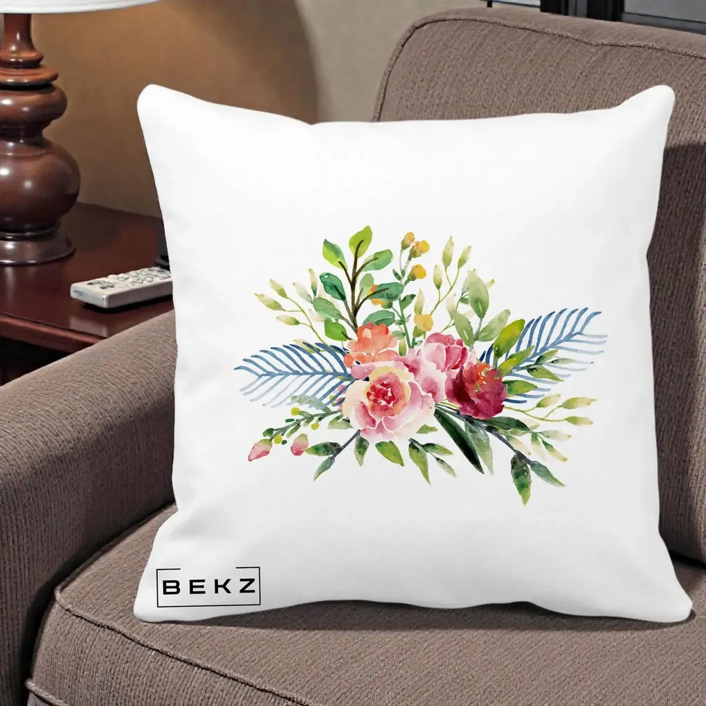 Perna Decorativa Buchet Flori Acuarela Roz-Verde, 40x40 cm, Alba Mata, Husa Detasabila, Perna Inclusa, BEKZ®