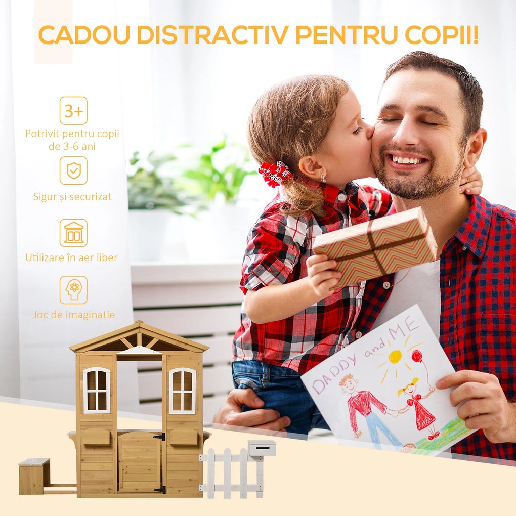 Outsunny Căsuță pentru Copii din Lemn cu Gard și Bancă, 205x119x140 cm | Aosom Romania