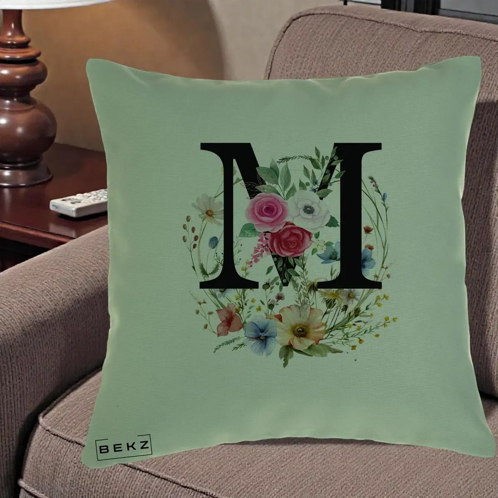 Cadou Personalizat - Perna Personalizata Monogram Litera M cu Flori Acuarela, 40x40 cm, Verde, Husa Detasabila, Perna Inclusa, BEKZ®