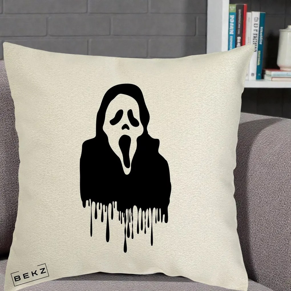 Perna Personalizata Halloween Ghostface Scream Picurand, 40x40 cm, Ecru, Husa Detasabila, Perna Inclusa, BEKZ®
