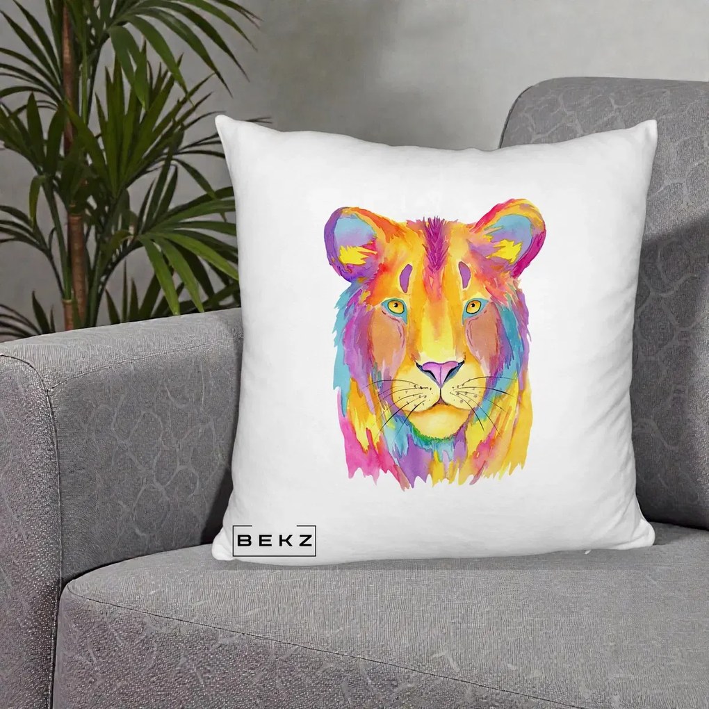 Perna Decorativa Leu Acuarela Curcubeu, 40x40 cm, Alb Pufos, Husa Detasabila, Perna Inclusa, BEKZ®