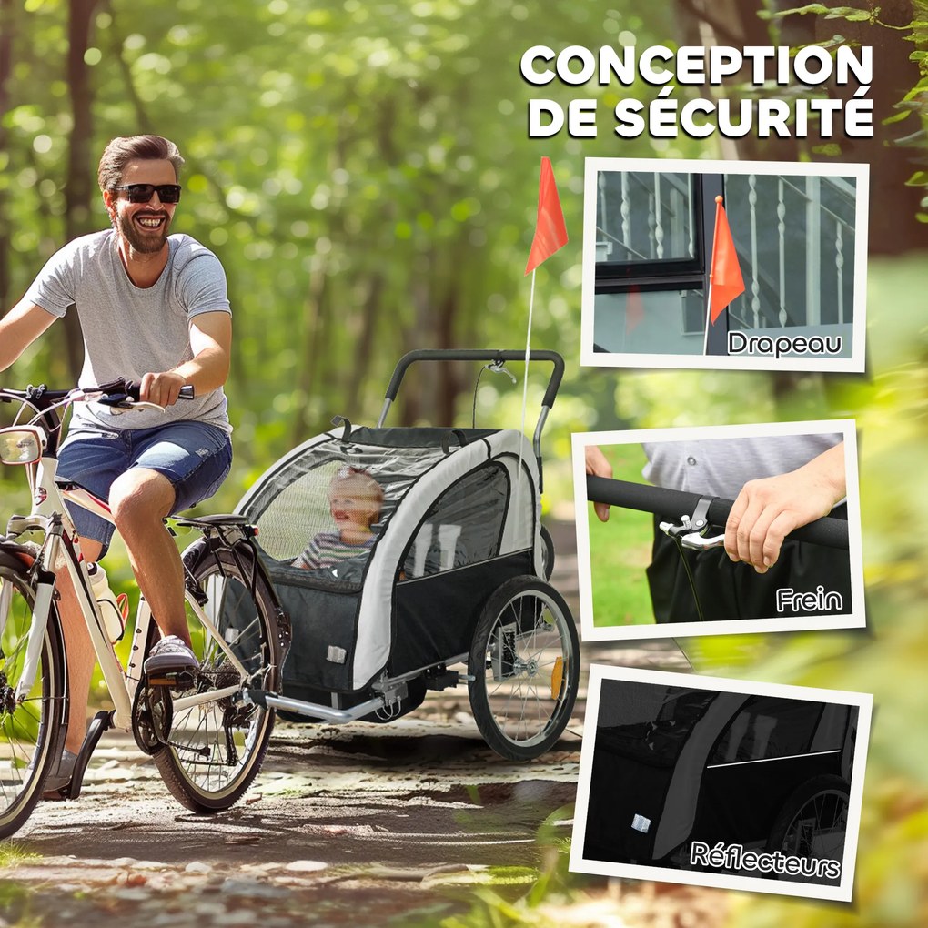 HOMCOM Remorcă bicicletă copii 2-în-1 cu ham de siguranță în 5 puncte, reflectoare, drapel și cortină antivânt, negru | Aosom Romania