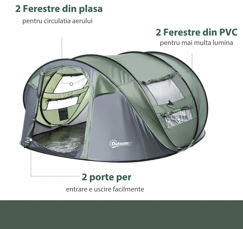 Outsunny Cort de Camping Pop Up pentru 2 Persoane cu 2 Uși, 4 Ferestre și Înveliș Impermeabil, 263.5x220x123 cm, Verde | Aosom Romania