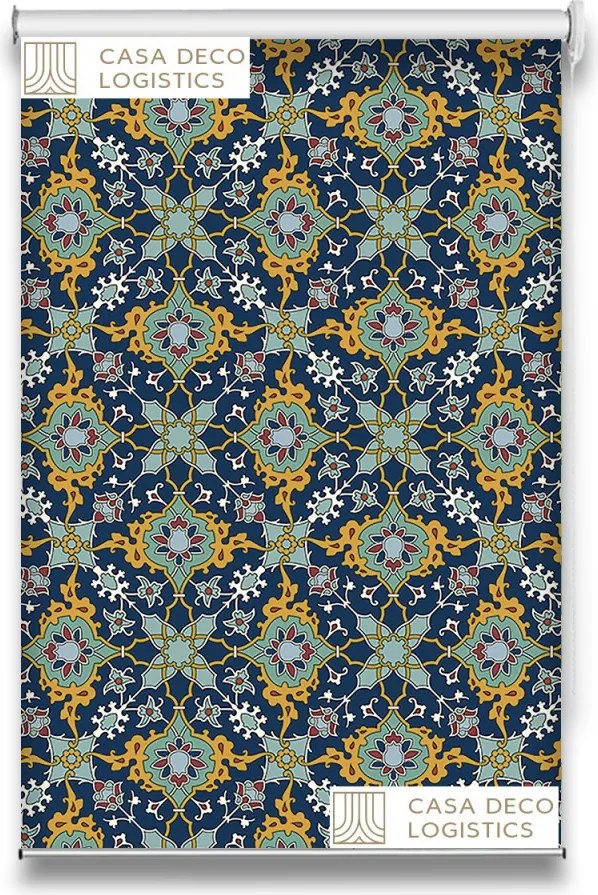 Roletă textilă Royal 5014 albastru cu model ornamental auriu