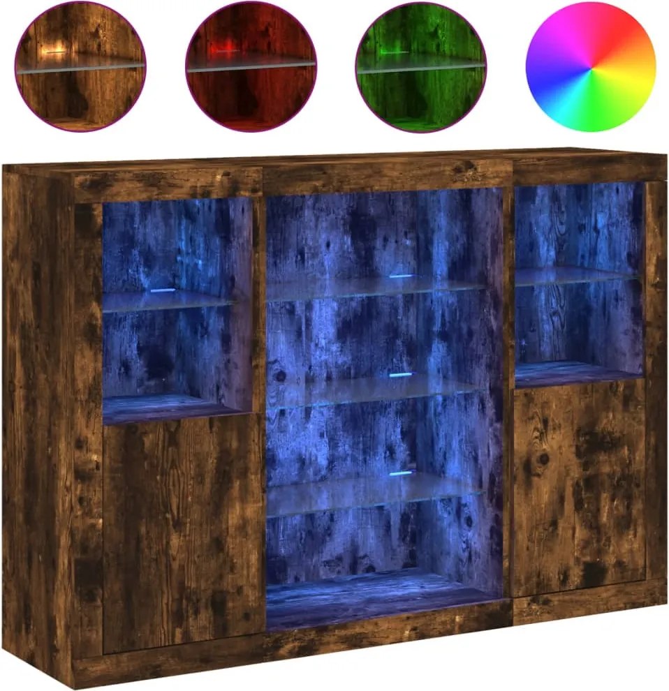 vidaXL Servantă cu lumini LED, 3 buc., stejar fumuriu, lemn prelucrat
