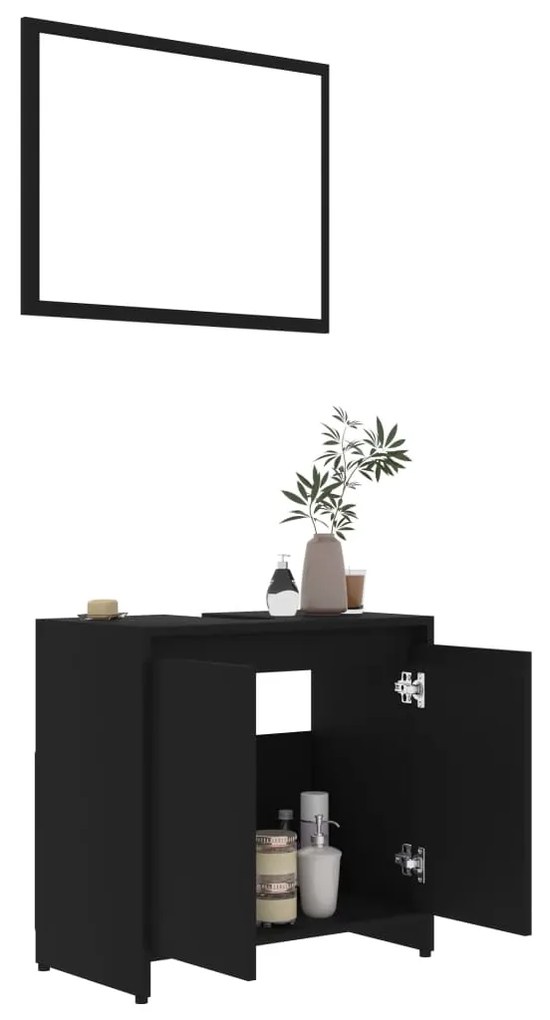 Set mobilier de baie, 4 piese, negru, lemn prelucrat
