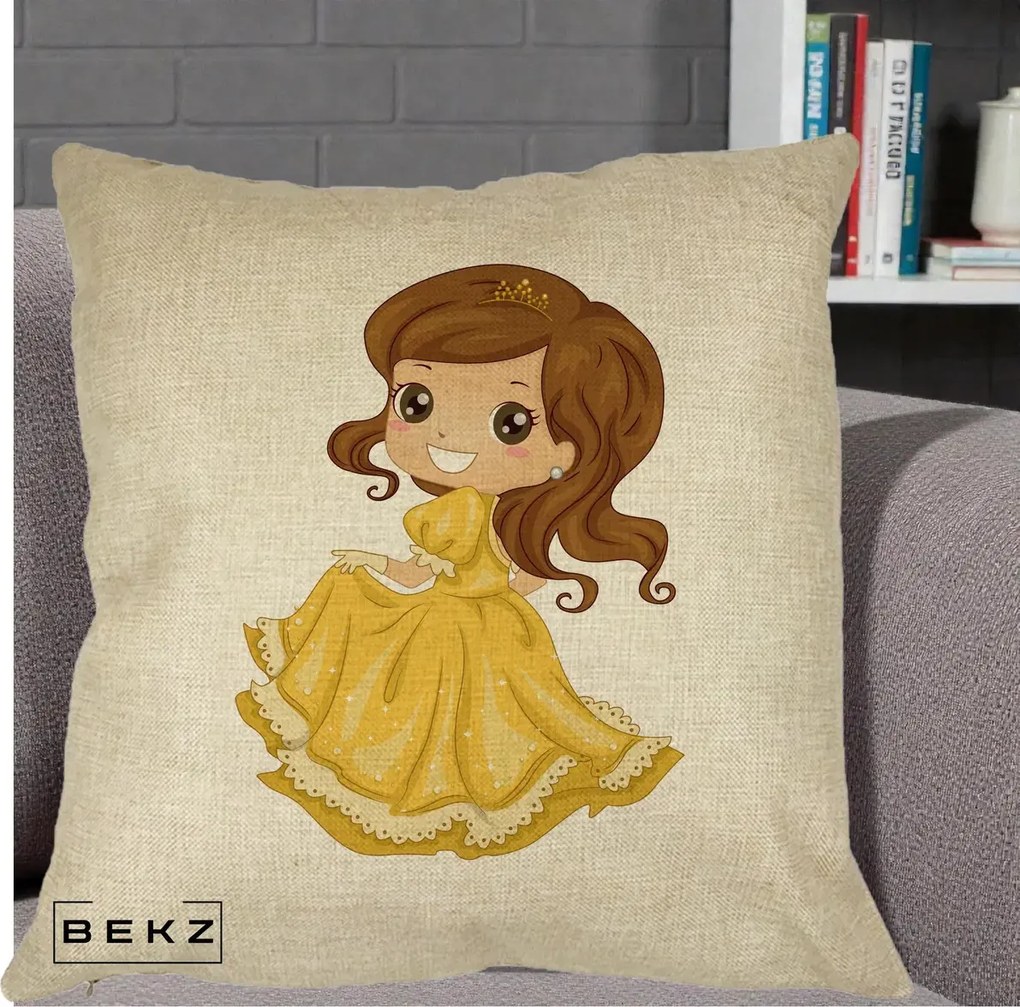 Perna Decorativa Printesa Bella Rochie Aurie, 40x40 cm, Crem, Husa Detasabila, Perna Inclusa, BEKZ®