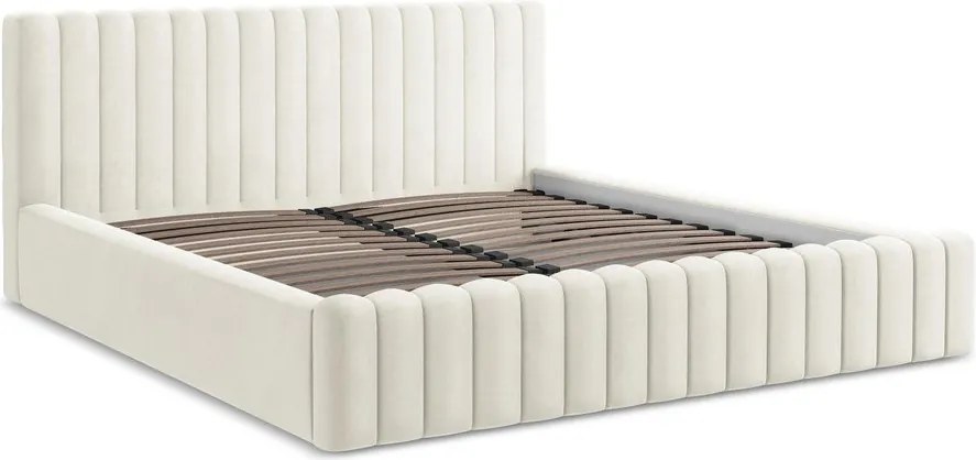 Pat matrimonial crem tapițat cu spațiu de depozitare cu somieră 160x200 cm Lemi – Makamii