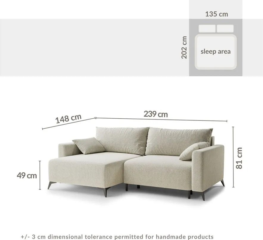 Colțar crem extensibil/cu spațiu de depozitare cu tapițerie din chenille (cu colț pe partea stângă/cu șezlong) Leon – Maison de Rêve