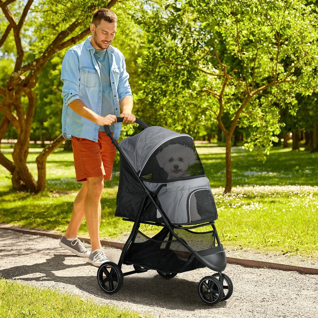 PawHut Cărucior pentru câini Haustierwagen, pliabil, husă de ploaie, 2 frâne de siguranță, 83 cm x 55 cm x 101 cm, Gri + Negru | Aosom Romania