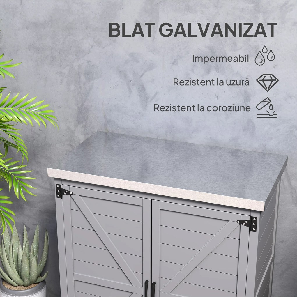 Outsunny - Dulap de Depozitare pentru Exterior, Cutie de Depozitare din Lemn cu Blat Metalic și Rafturi, Banc de Lucru pentru Grădină cu Uși Duble, Gri | Aosom Romania