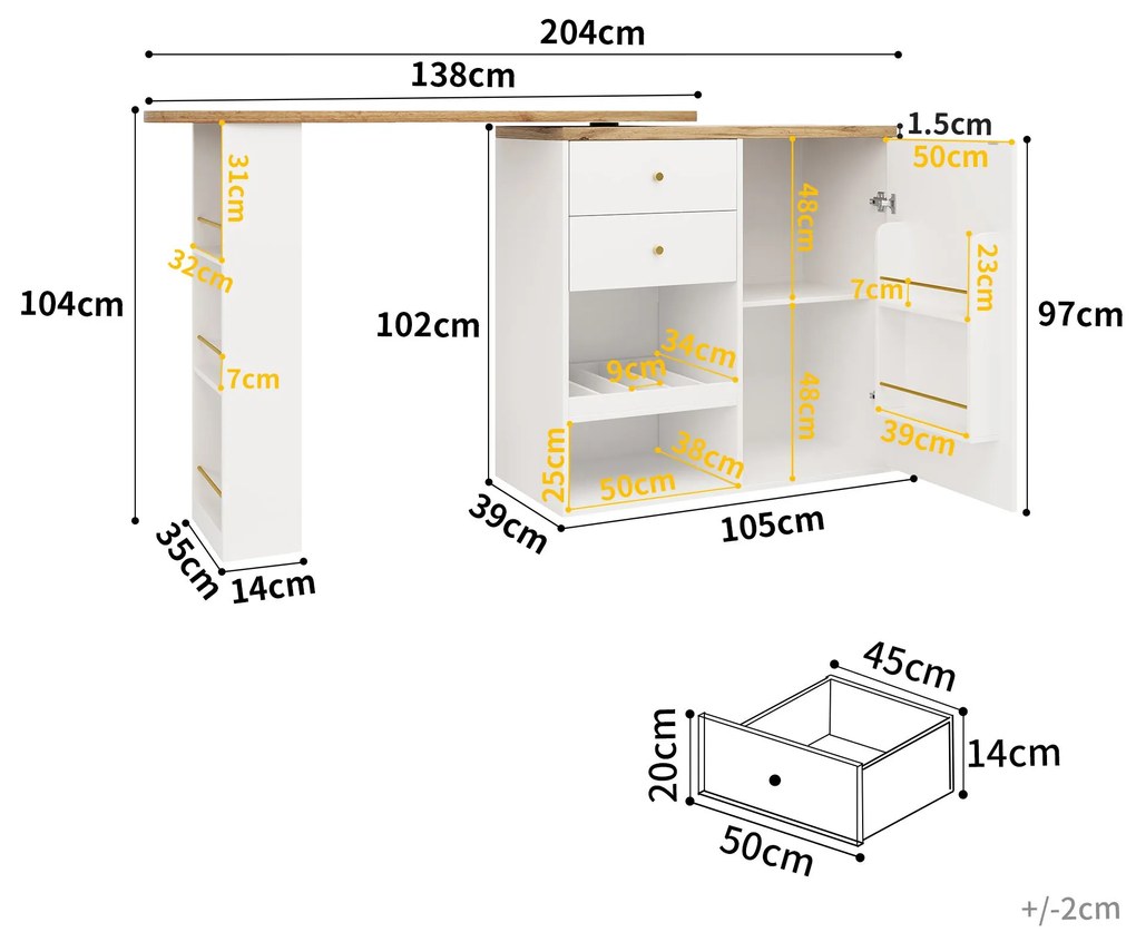 Masă de bar rotativă 360° cu 2 sertare și dulap cu ușă glisantă, Alb | Aosom Romania