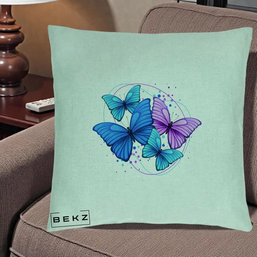 Perna Decorativa Patru Fluturi Turcoaz-Violet, 40x40 cm, Verde Menta, Husa Detasabila, Perna Inclusa, BEKZ®