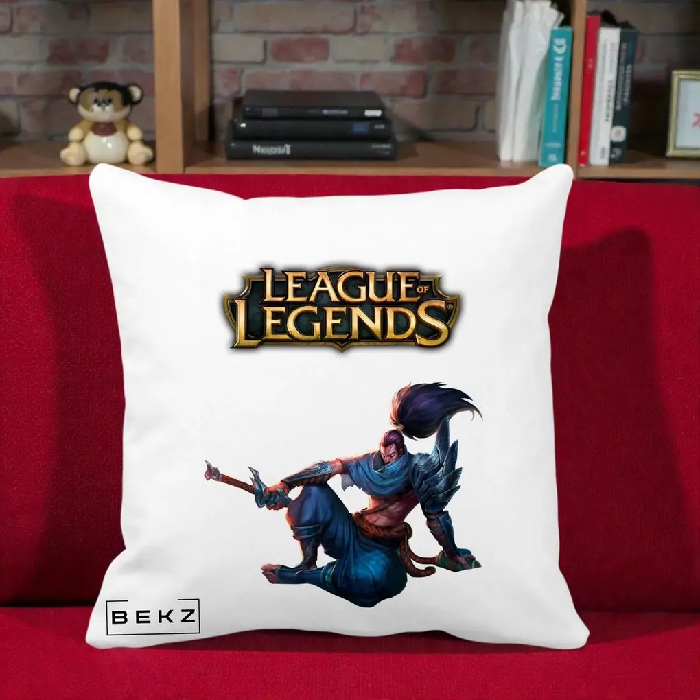 Perna Personalizata League of Legends Yasuo, 40x40 cm, Alba Mata, Husa Detasabila, Perna Inclusa, BEKZ®