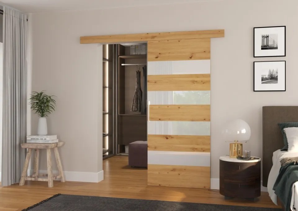 Usa glisanta, 96x205 cm, Milou, ADRK Furniture (Latime: 96 cm, Culoare: Lemn natural /Negru Lacobel)