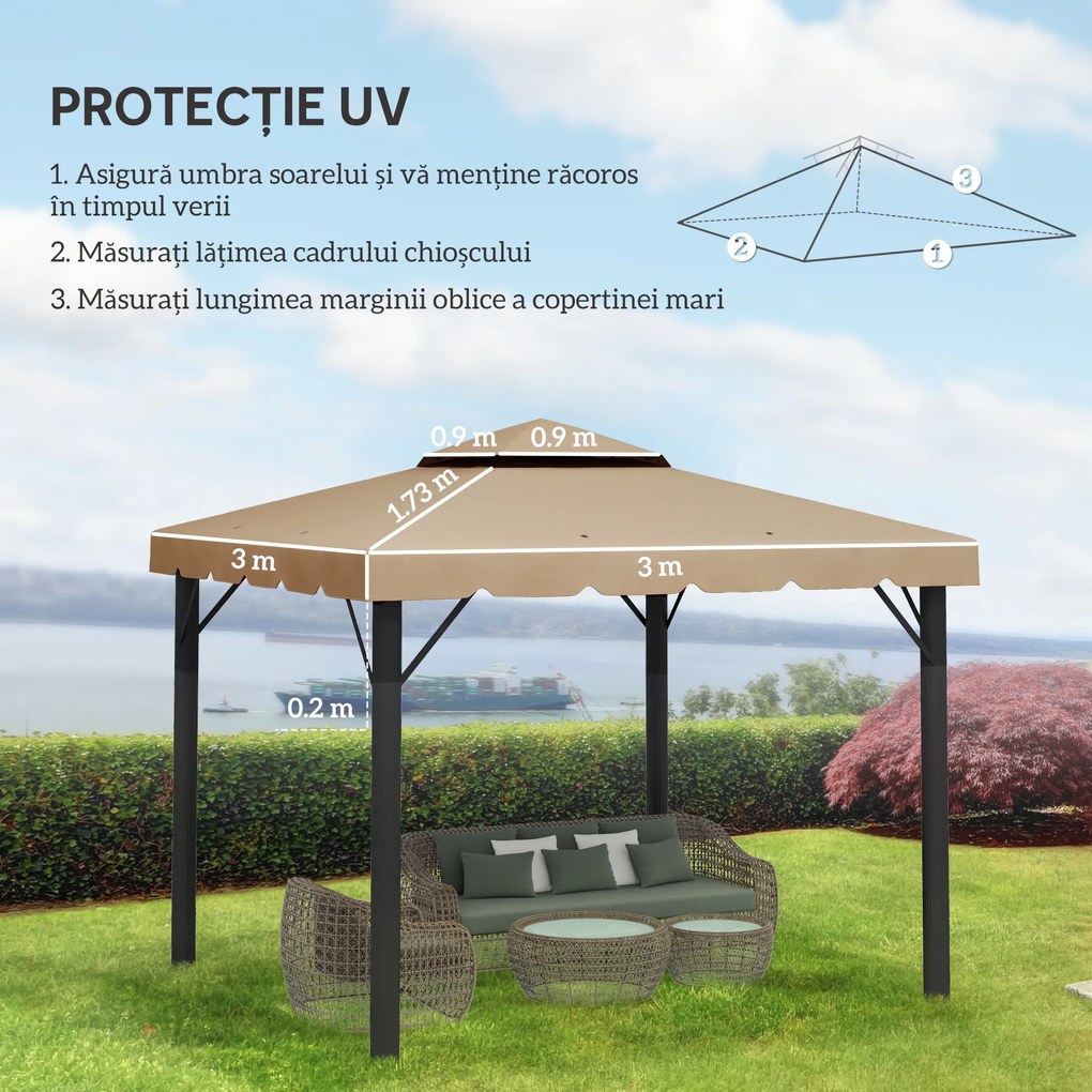 Outsunny Acoperiș de Schimb pentru Pavilion 3x3 m cu 2 Niveluri, Copertină Rezistentă la Apă din Poliester 170g/㎡ cu 8 Orificii de Drenaj, Bej | Aosom Romania
