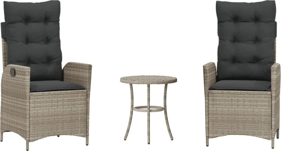 vidaXL Set bistro cu perne, 3 piese, gri deschis, poliratan