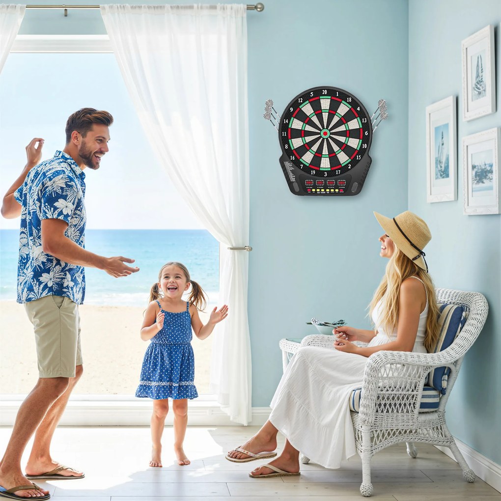HOMCOM Țintă pentru Darts cu 6 Săgeți, Adaptor, 4 Afișaje LED și 27 de Jocuri, din ABS și PP, 44x51.5x3.2 cm, Negru | Aosom Romania