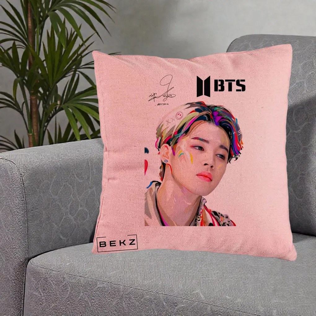 Perna Personalizata K-pop BTS Jimin Portret Artistic Multicolor cu Autograf, 40x40 cm, Roz, Husa Detasabila, Perna Inclusa, BEKZ®