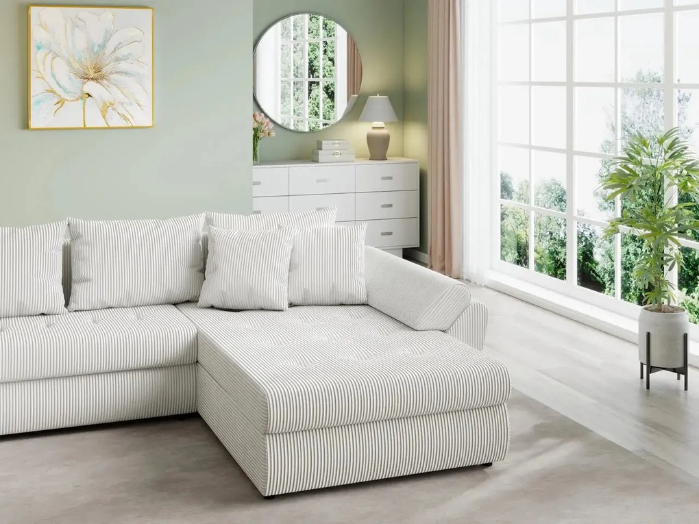 Colțar extensibil dumonde cu ladă de depozitare si sezut confortabil din spuma high-density, Loana U Zoom Cream 355x185 cm