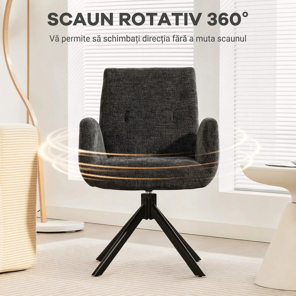 HOMCOM Fotoliu Rotativ pentru Dormitor, Material Textil cu Aspect de In și Picioare Înclinate din Oțel, Negru | Aosom Romania