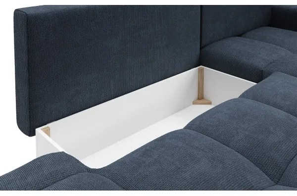 Colțar extensibil tapițat ALMADA, cu spațiu de depozitare, în formă de L, cu orientare pe partea dreaptă, albastru