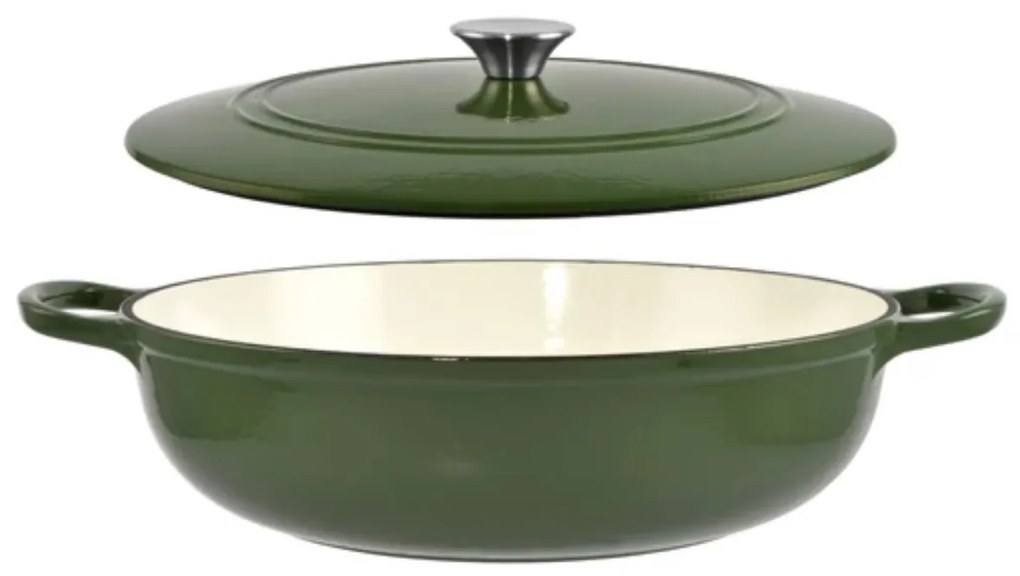Cratiță din fontă emailată cu capac 31.5x8.5 cm – Perfect Home 80057, verde, pentru cuptor, rețete consistente, gătit fără ardere