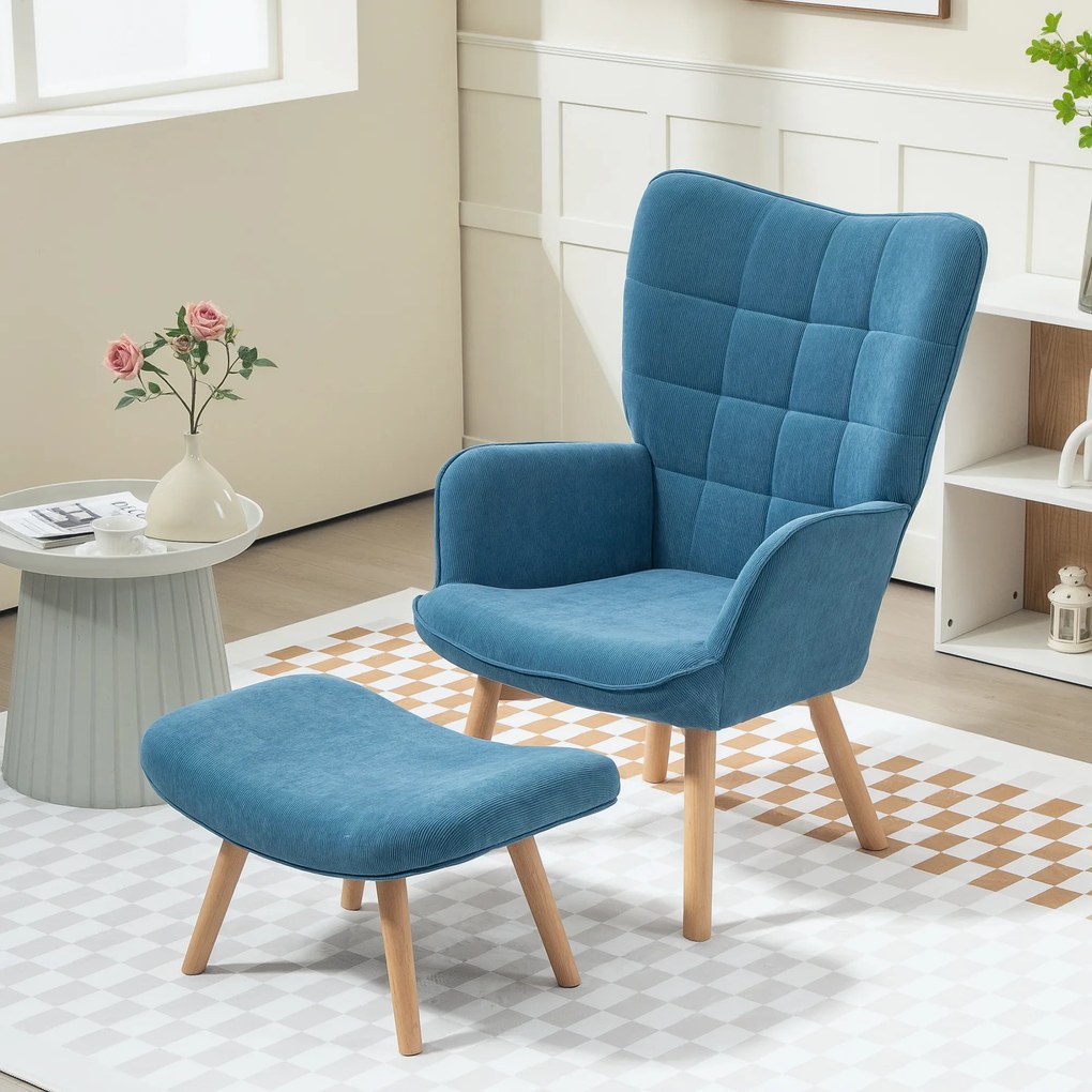 HOMCOM Fotoliu Accent cu Otoman, Fotoliu de Relaxare cu Aspect de Cord, Fotoliu cu Brate de Lemn, pentru Living, Albastru | Aosom Romania