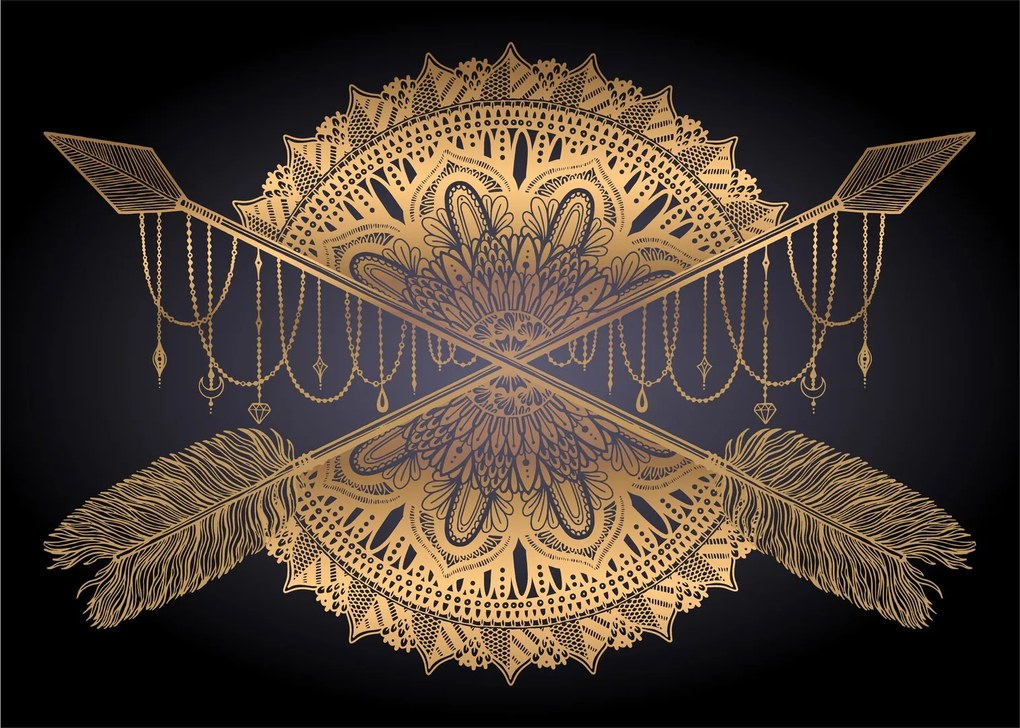 Tablou pe sticlă - Mandala aurie cu săgeți (70x50 cm)