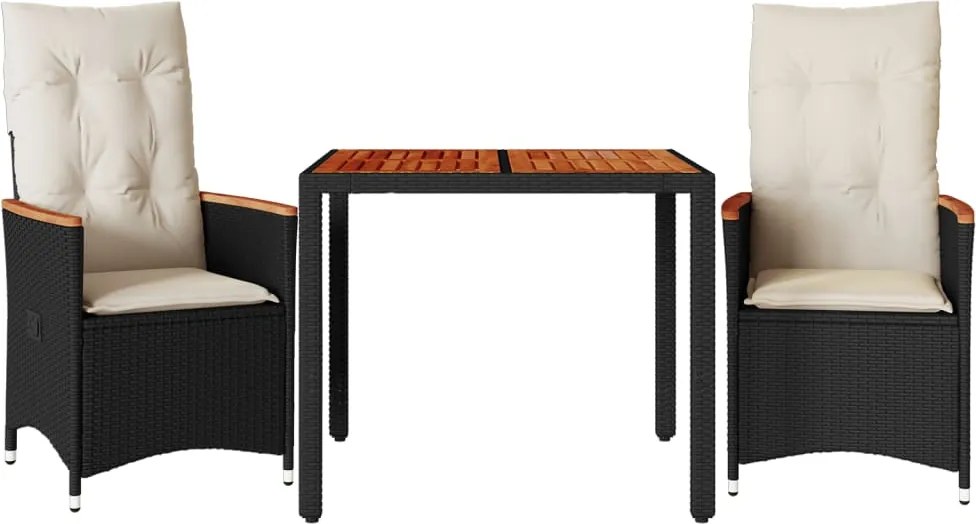 vidaXL Set bistro cu perne, 3 piese, negru, poliratan