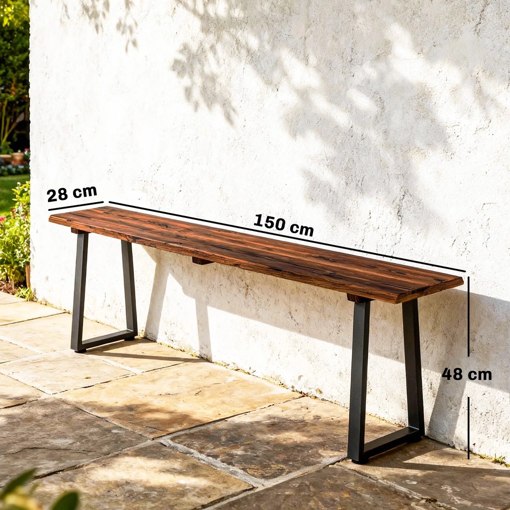 Outsunny Banc de grădină din lemn fără spătar, picioare trapezoidale din oțel, 2 locuri cu aspect de lemn, 150x28x48 cm, carbonizat | Aosom Romania
