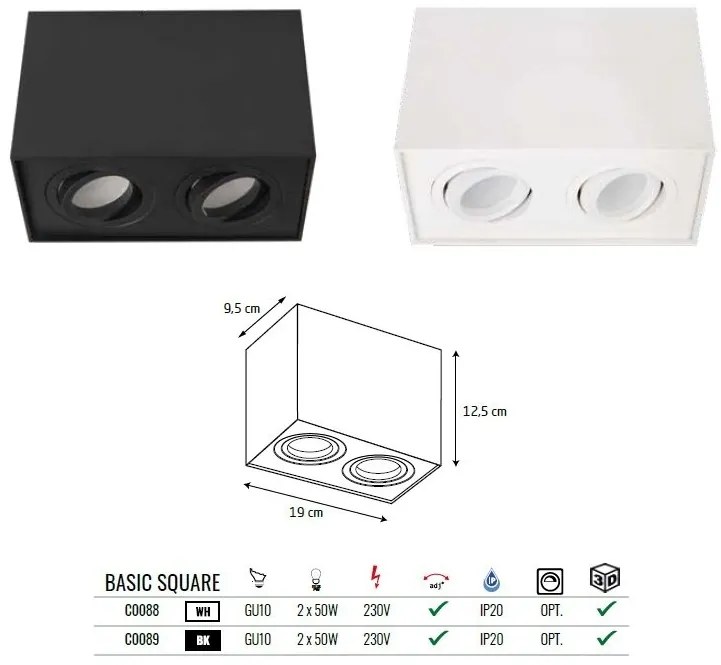 Plafoniera aplicata cu 2 spoturi directionabile, BASIC SQUARE II BK