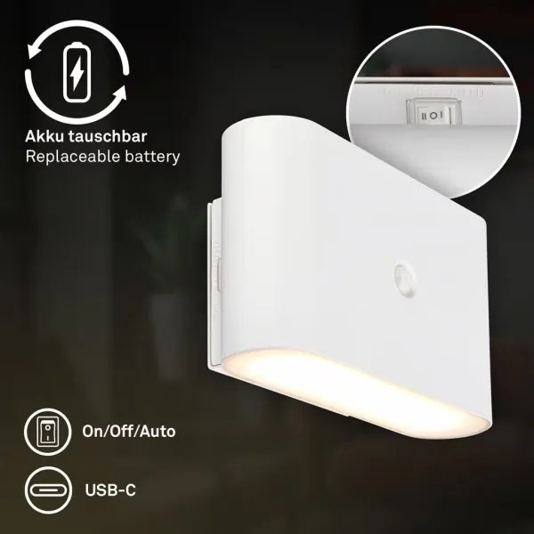 Briloner 3878016 - Aplică de perete LED reîncărcabilă cu senzor CHAT LED/3W/5V 2000 mAh albă