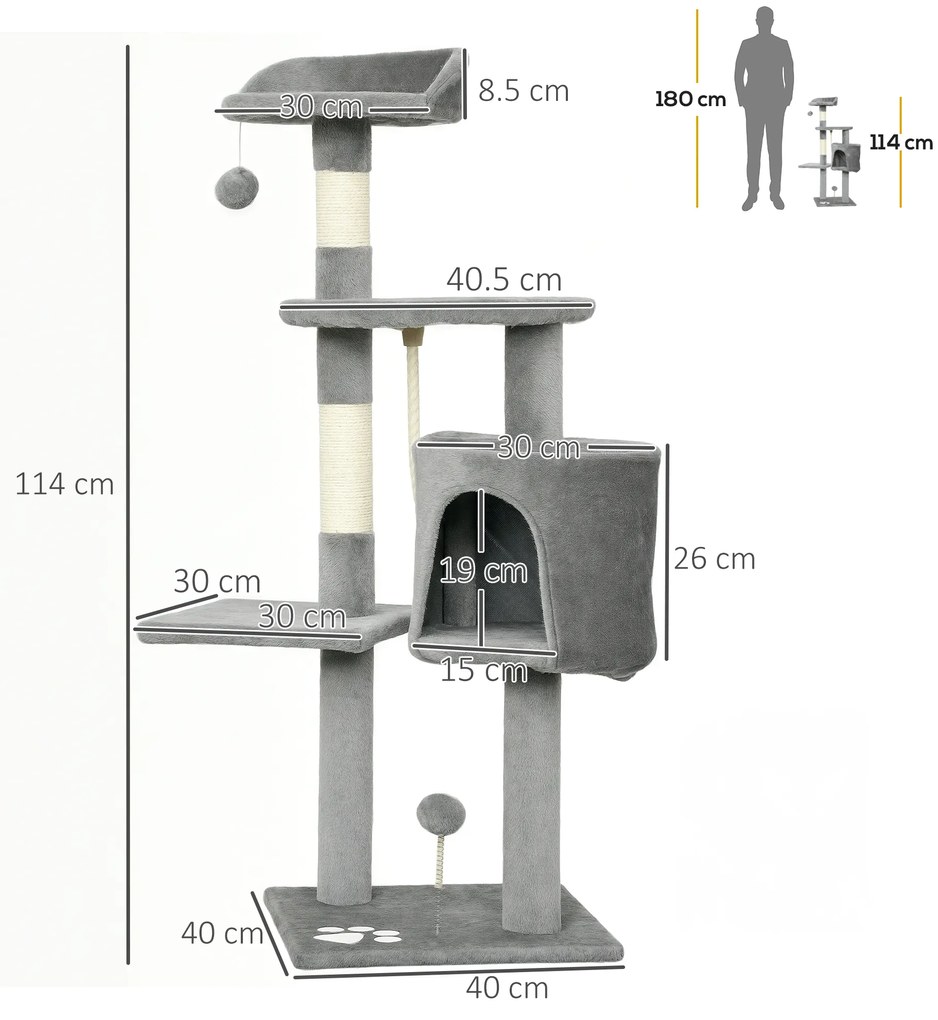 PawHut Copac de pisici multifuncțional zgârie zgâriețuri platforme adăpost sfoară jucării 40 x 40 x 114 cm gri | Aosom Romania