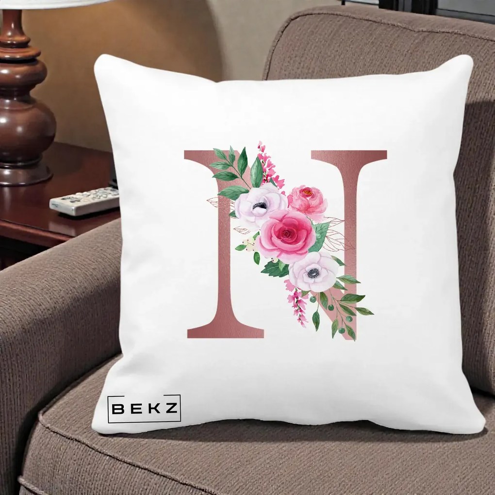 Cadou Personalizat - Perna Personalizata Monograma Rose Gold Litera N, 40x40 cm, Alba Mata, Husa Detasabila, Perna Inclusa, BEKZ®