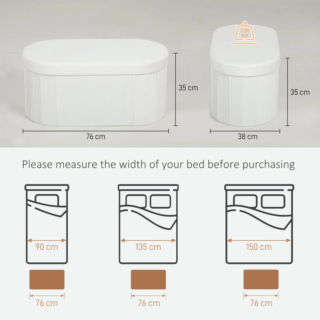 HOMCOM Taburet cu Spațiu de Depozitare Pliabil, Bancă Modernă Tapițată cu Material Catifea, Suport pentru Picioare cu Compartiment de 72L pentru Living și Dormitor, 76x38x35 cm, Crem | Aosom Romania