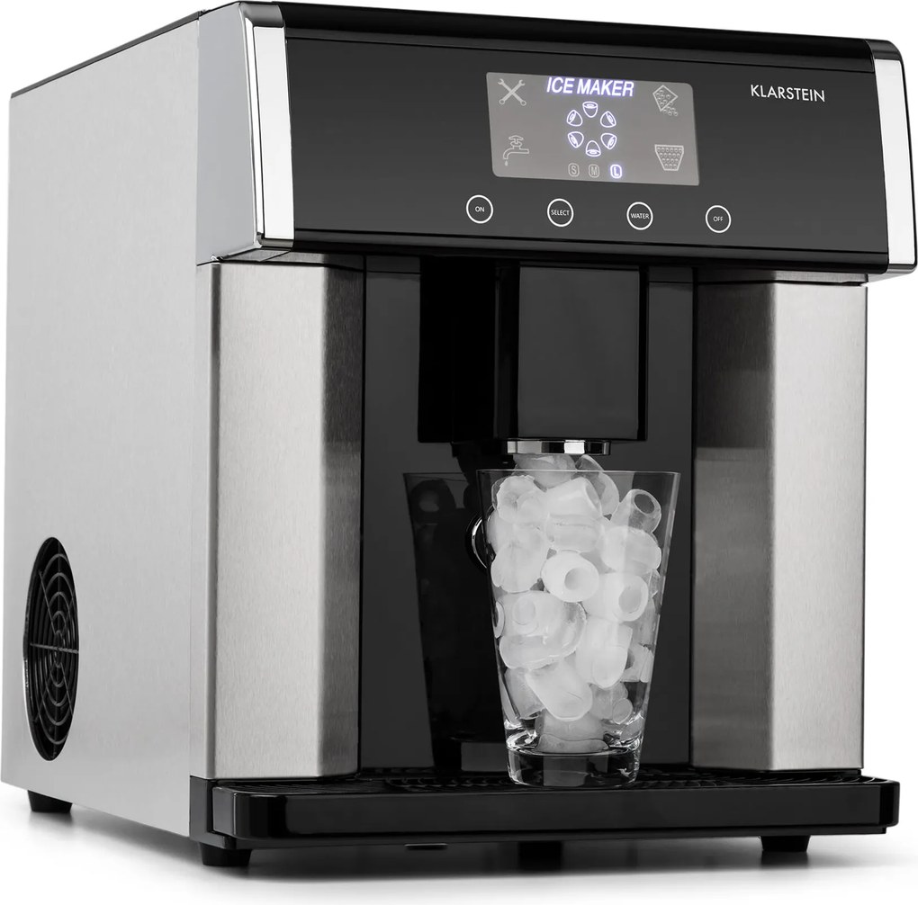 Klarstein Eiszeit mașină de făcut cuburi de gheață din oțel inoxidabil, 3 dimensiuni de cuburi de gheață, argintie.