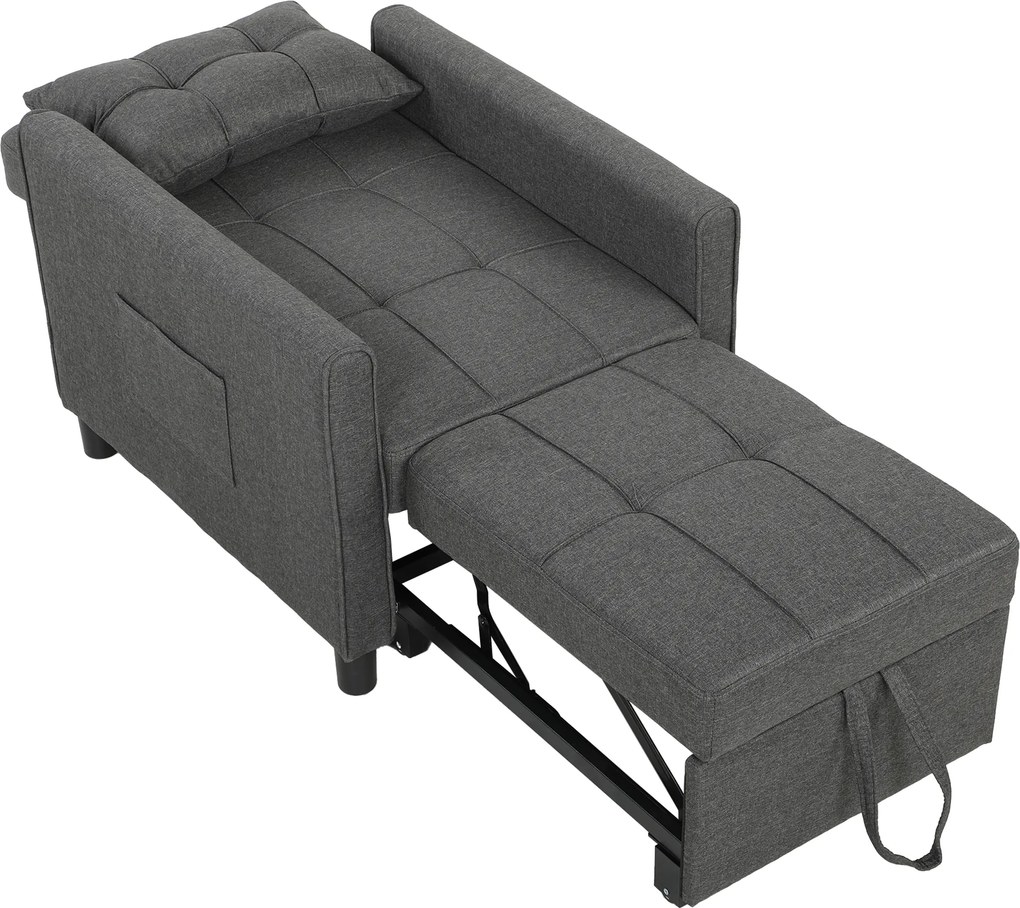HOMCOM Fotoliu Pat Single 3 în 1 din Material Textil Tip In și Lemn cu Spătar Reclinabil, Pernă, Buzunare, Gri | Aosom Romania