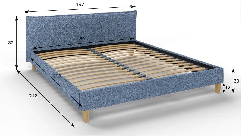 Pat matrimonial albastru cu tăblie și somieră 180x200 cm Tina – Ropez