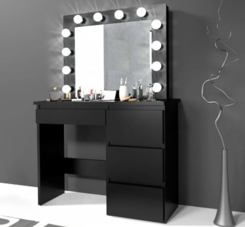 Masuta machiaj cu Oglinda LED si 4 Sertare pentru Cosmetice, Negru, masuta cosmetica, vanity - SEN505