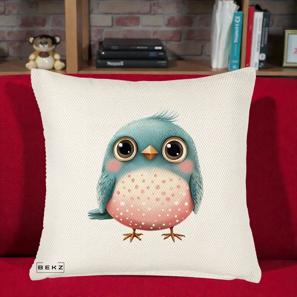 Perna Decorativa Pasare Teal-Roz cu Pete, 40x40 cm, Crem Reliefat, Husa Detasabila, Perna Inclusa, BEKZ®