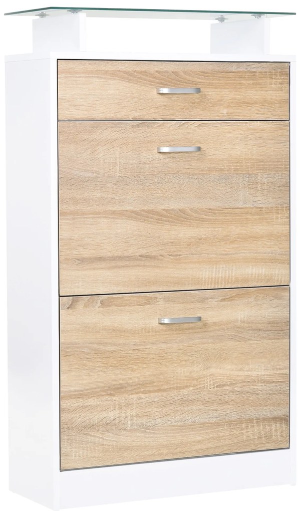 HOMCOM Dulap pentru Pantofi, Mobilier depozitare Pantofi cu 2 Uși pliante 2 Compartimente, sertar, Placă din Sticlă - Lemn stejar Alb | Aosom Romania