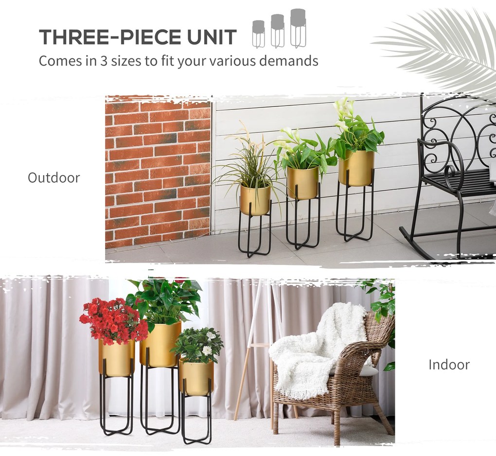 Outsunny Jardiniera Set de 3 Piese Ghivece Inaltate Auriu cu Suport din Metal pentru Amenajare la Interior si Exterior | Aosom Romania