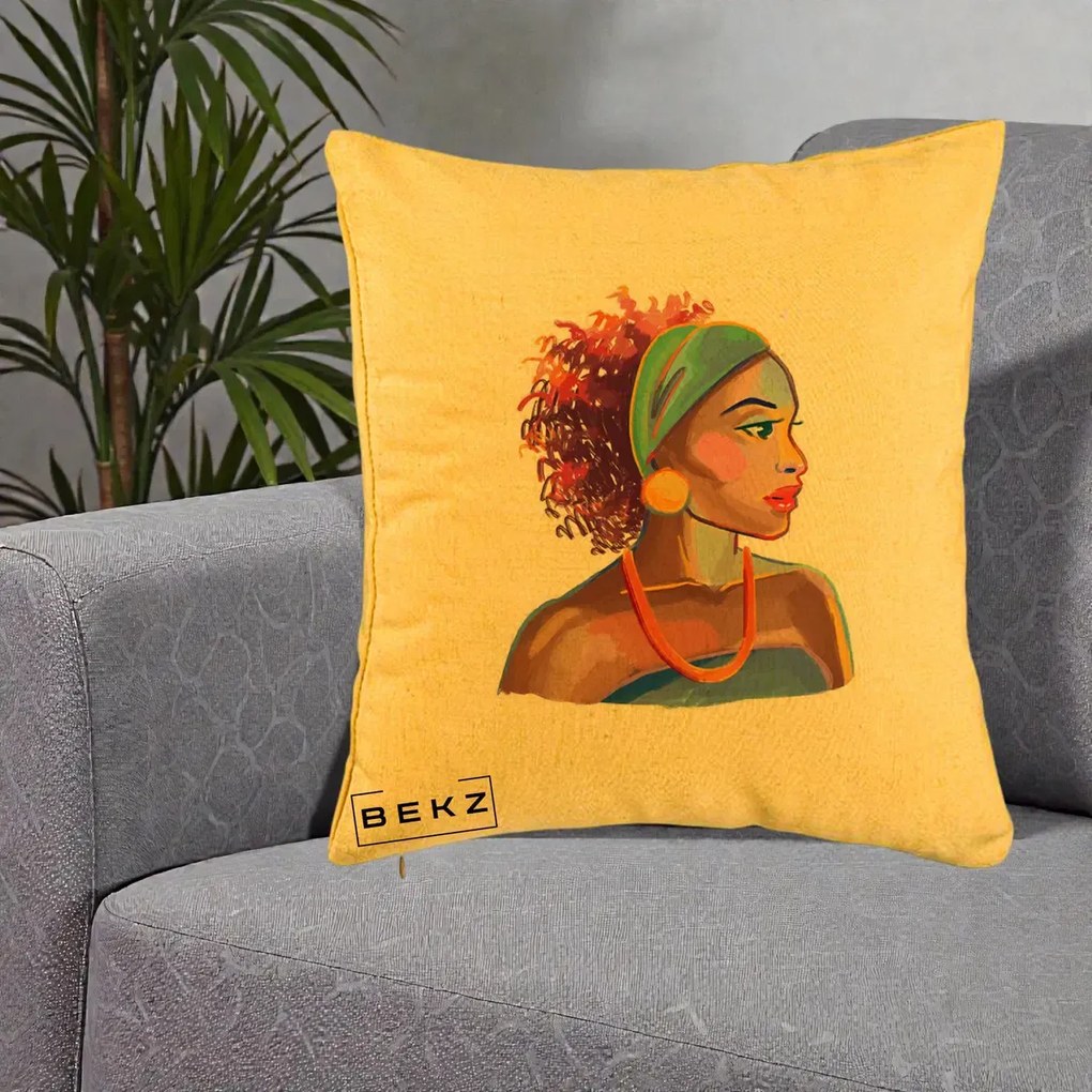 Perna Decorativa Portret Femeie Urbana Acuarela, 40x40 cm, Galben, Husa Detasabila, Perna Inclusa, BEKZ®