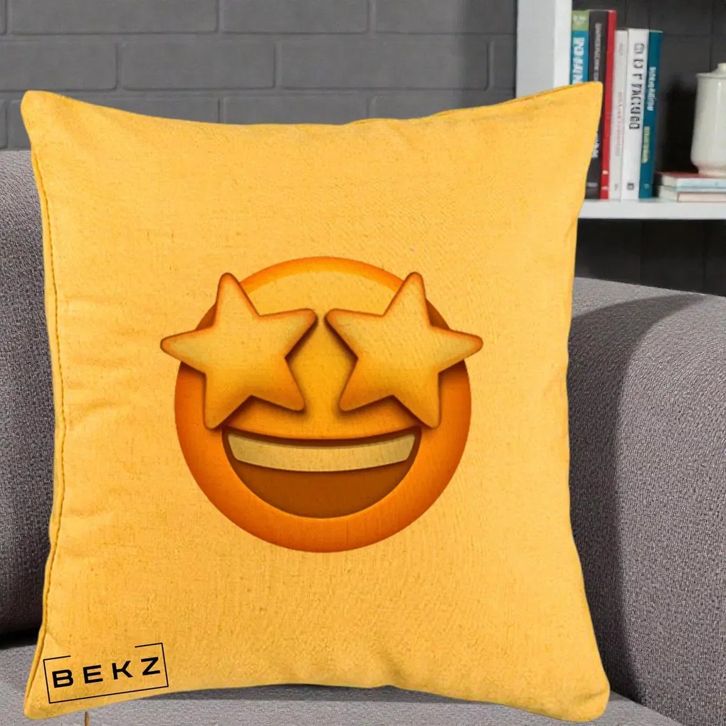 Perna Decorativa Emoji Ochi Stele, 40x40 cm, Galben, Husa Detasabila, Perna Inclusa, BEKZ®