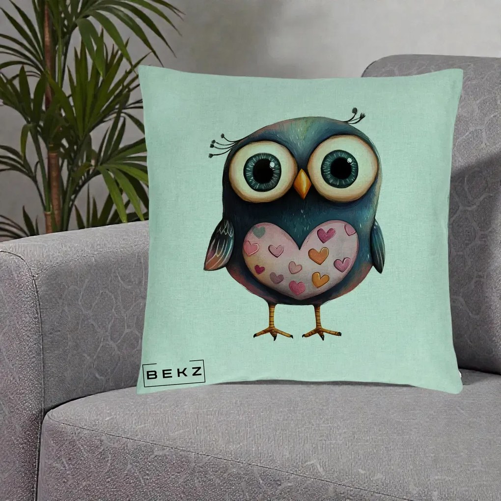 Perna Decorativa Bufnita cu Inimioare Roz, 40x40 cm, Verde Menta, Husa Detasabila, Perna Inclusa, BEKZ®