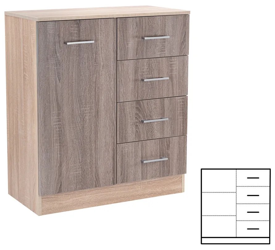 Comodă Miami cu 1 ușă și 4 sertare 80x92 cm stejar York-stejar Sonoma