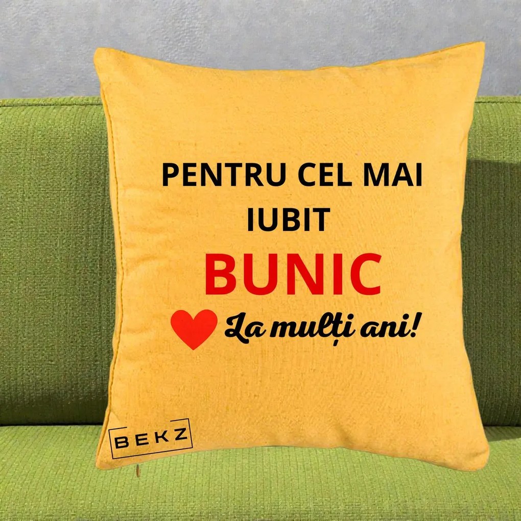 Cadou pentru Bunic - Perna Personalizata Pentru Cel Mai Iubit Bunic La Multi Ani Rosu, 40x40 cm, Galben, Husa Detasabila, Perna Inclusa, BEKZ®